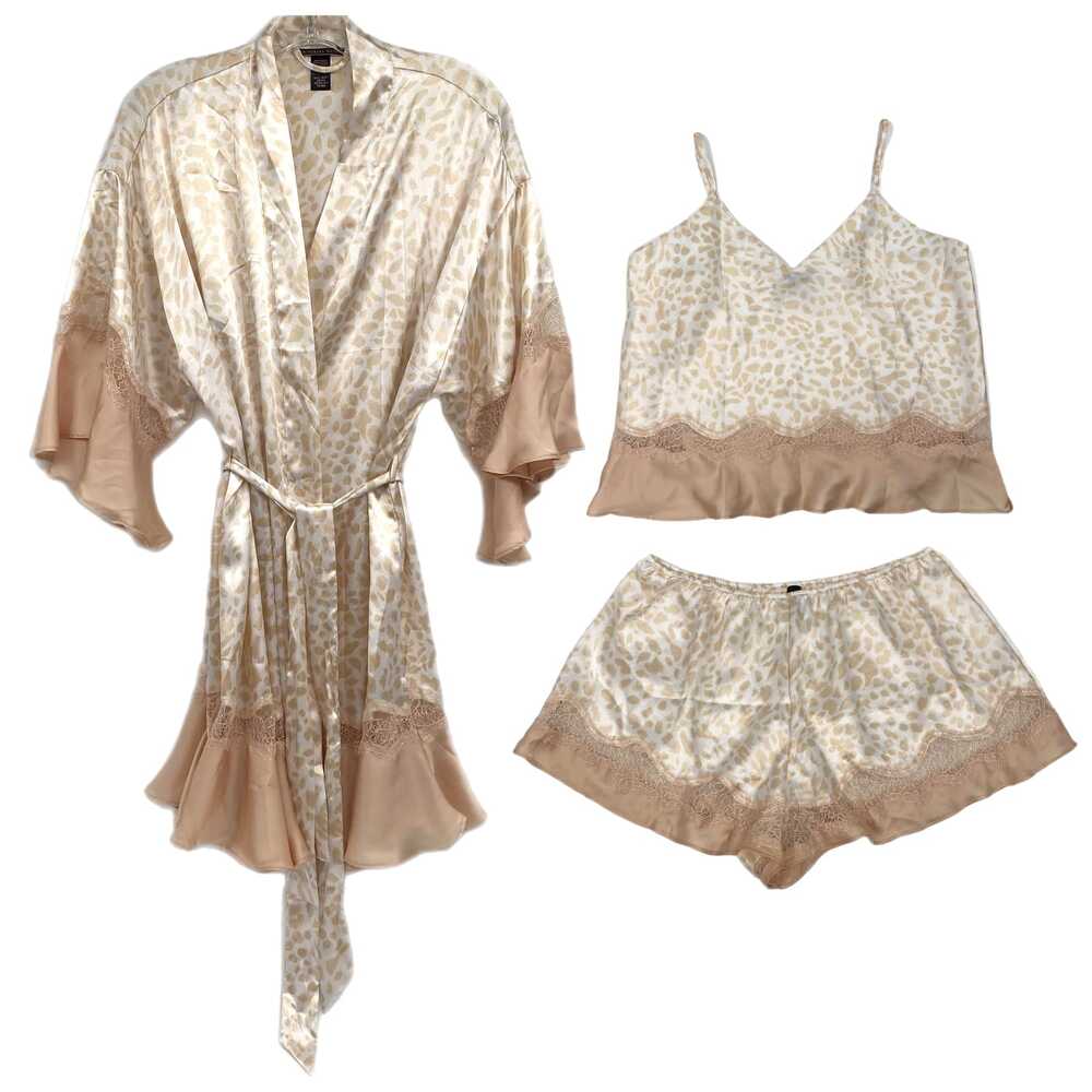 Victoria's Secret Tan White Satin Lace Pajamas & Robe Set | Size L